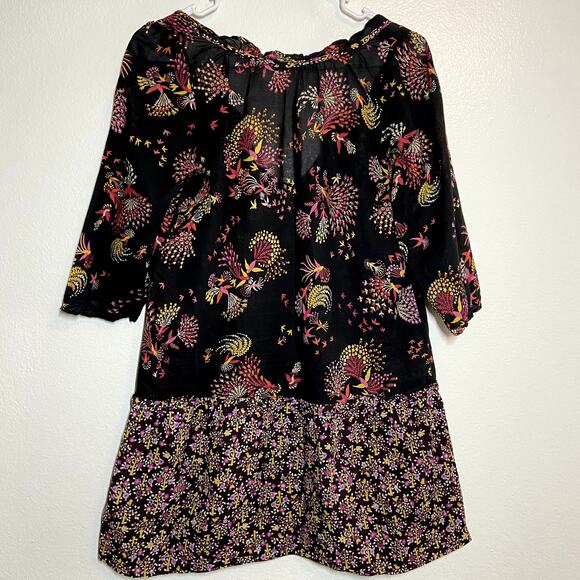 Anthropologie Lilka Tunic Dress V-Neck 3/4 Sleeve Floral Bird Print XS Black - Picture 5 of 5